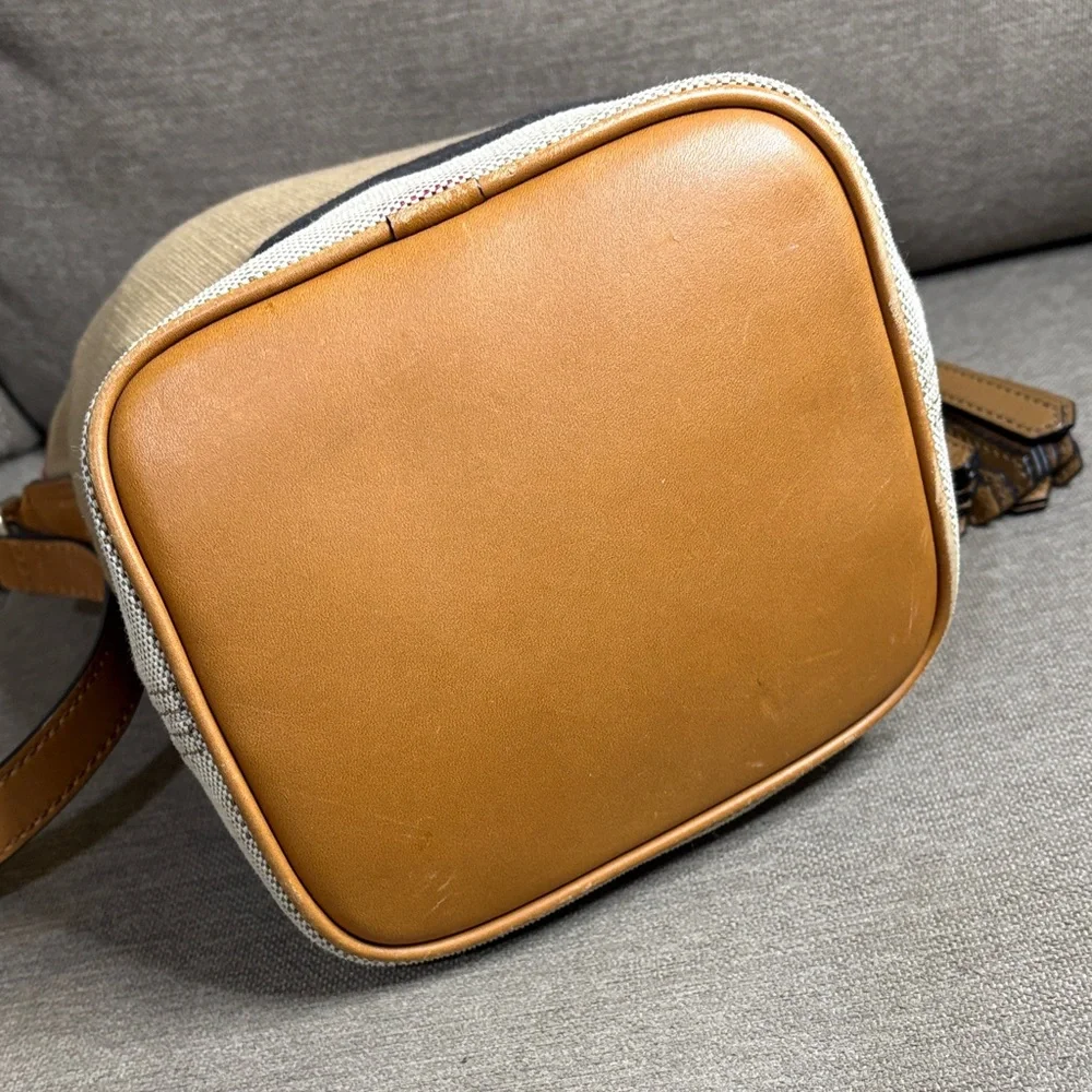 Burberry Ashby House Check Canvas Bucket Crossbody Leather Trim and Tassel - Picture 7 of 15